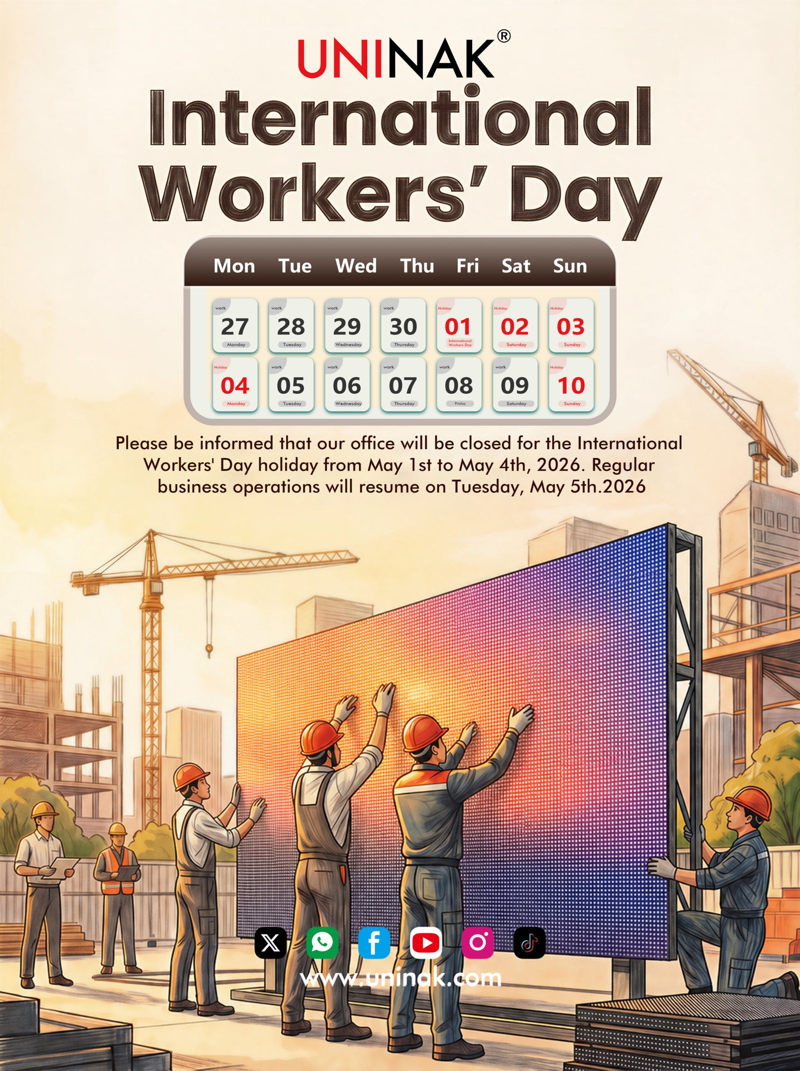 UNINAK International Workers’ Day Holiday Notice 2026